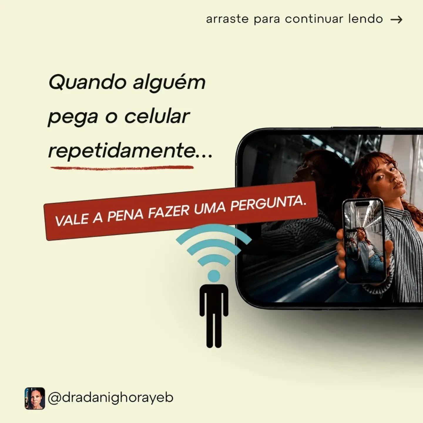 Carousel slide showing a woman presenting a phone screen