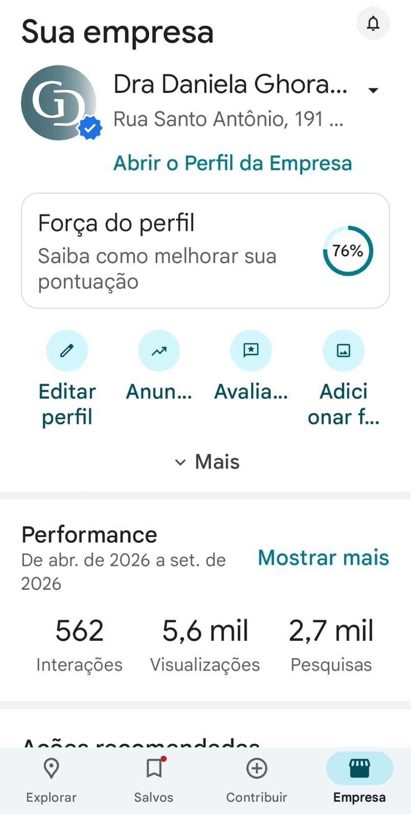 Google Business performance screenshot showing 562 interactions, 5.6 thousand views, and 2.7 thousand searches